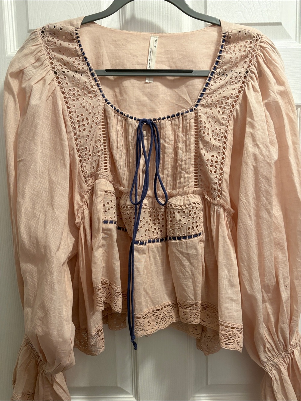 Anthropologie Blush Eyelet Peasant Top with Navy Tie